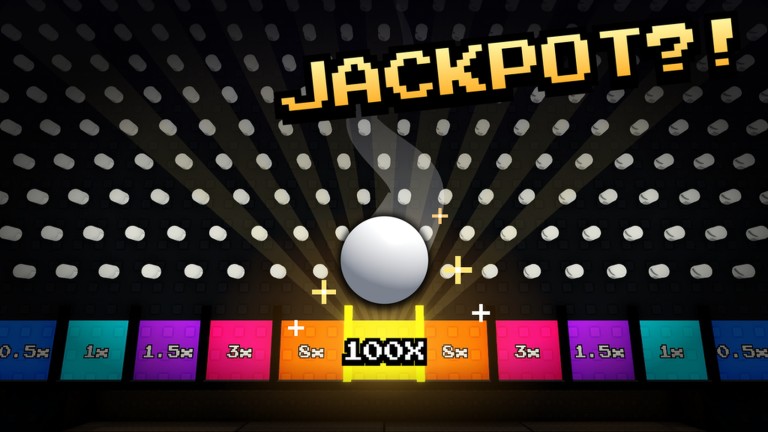 Official Plinky Plonky key art: the JACKPOT? strip with a glowing ball above the multiplier tiles